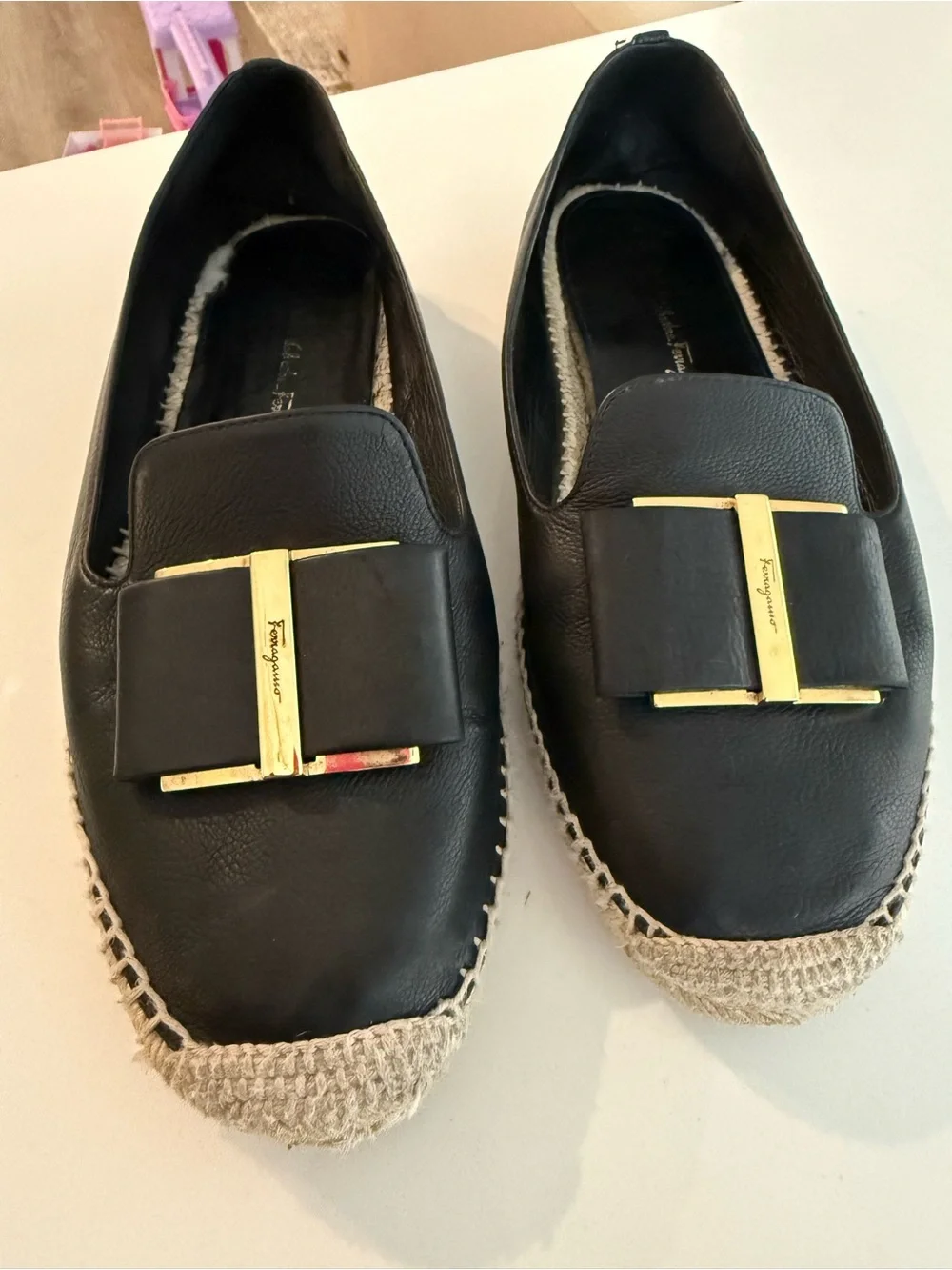 Salvatore Ferragamo Black Leather Espadrille Mules with Gold Hardware